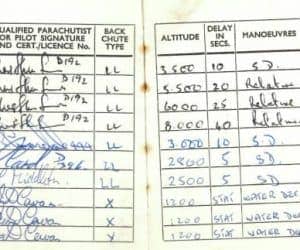 John's log book showing 27 jumps over 5 years