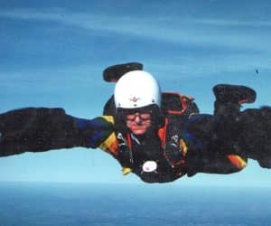 Dick in freefall on a normal parachute system for once. Photograph courtesy of Robin Lings